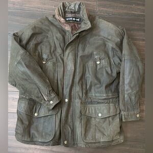 Khaki green Wear Me Out vintage leather jacket with a unique worn-in look